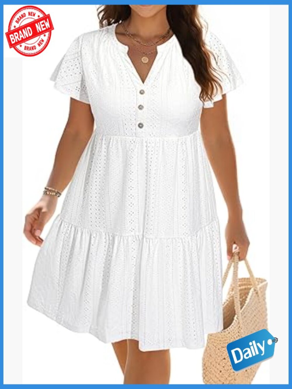 Plus Size Casual Tiered Button Up V Neck Short Sleeve Sundress Midi Flowy